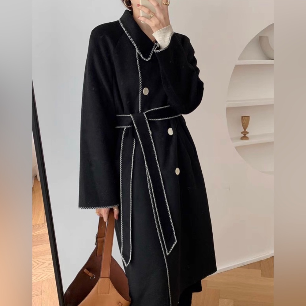 Lightweight Wool Blend black Overcoat with Belt